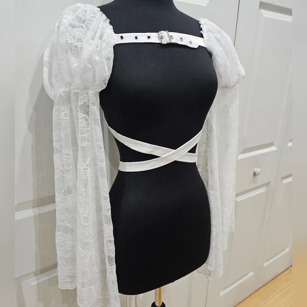 Dolls Kill Widow Goth White Lace Buckle Somber Soul Bondage Harness Shrug Top OS - Picture 2 of 10